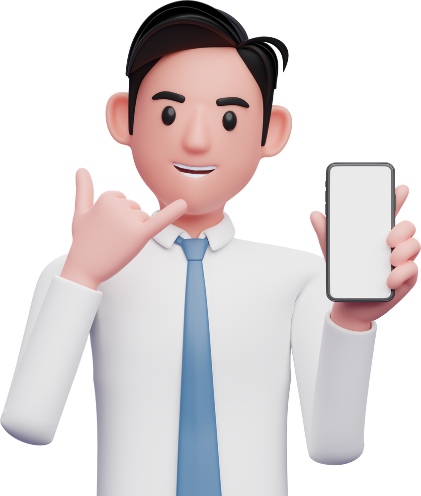 businessman in white shirt doing call me gesture and holding phone, 3d illustration of businessman using phone
